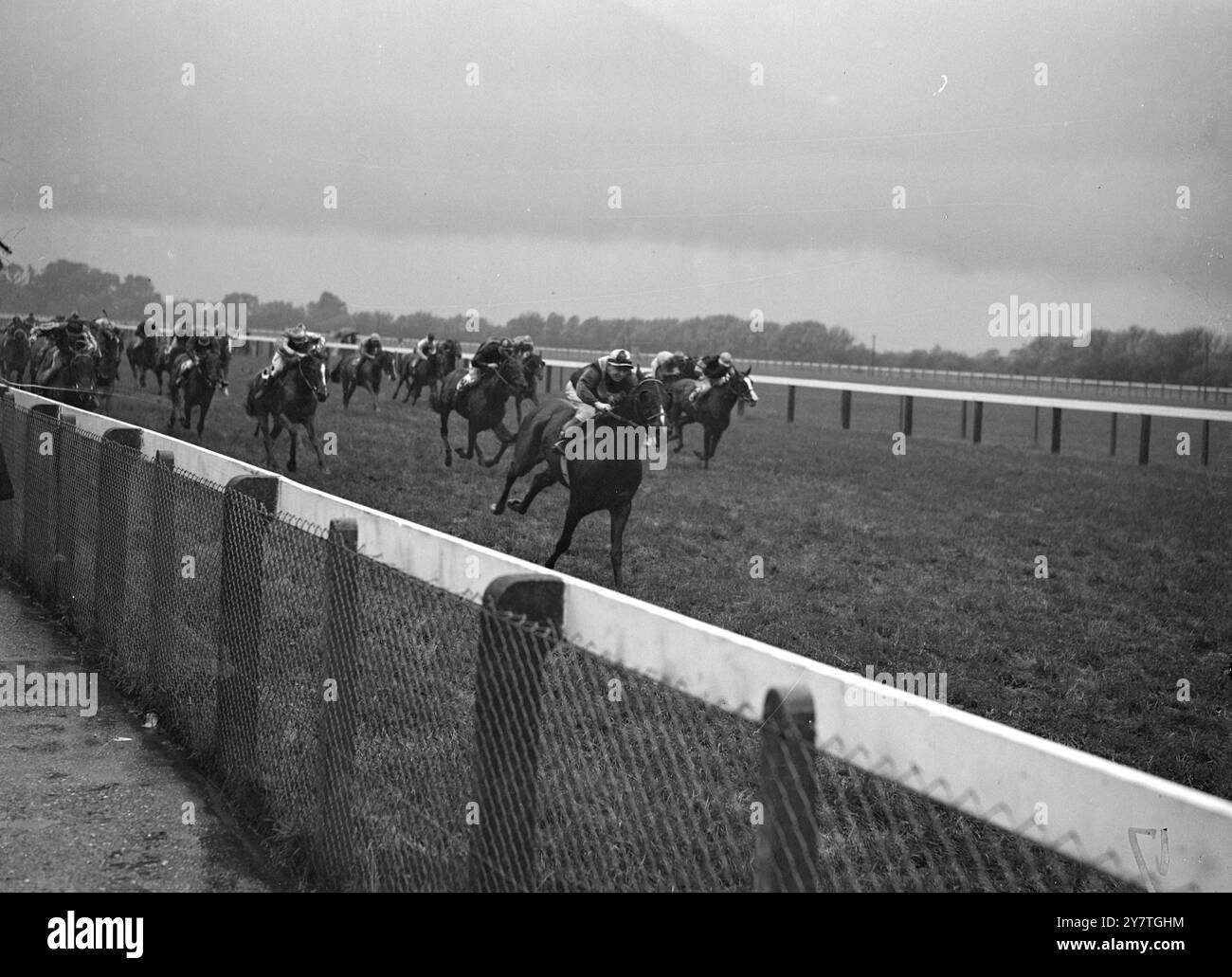 BRITT gagne À WINDSOR le jockey australien Edgar Britt chevauchant le Maharaja du premier Consul de Rajpipla (au premier plan à droite) pour la victoire dans le Stoke place handicap à Rain Soaked Windsor aujourd'hui. Dilema de Kate a terminé deuxième et June Ball troisième. 15 novembre 1949 Banque D'Images
