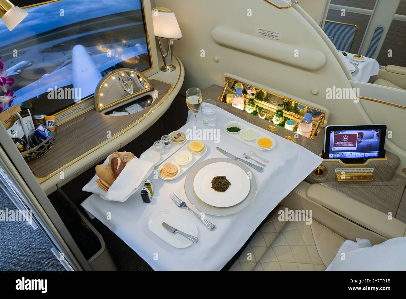 Apéritif, nourriture, première classe, Airbus A380 Emirates, Vorspeise, Essen, première classe Banque D'Images