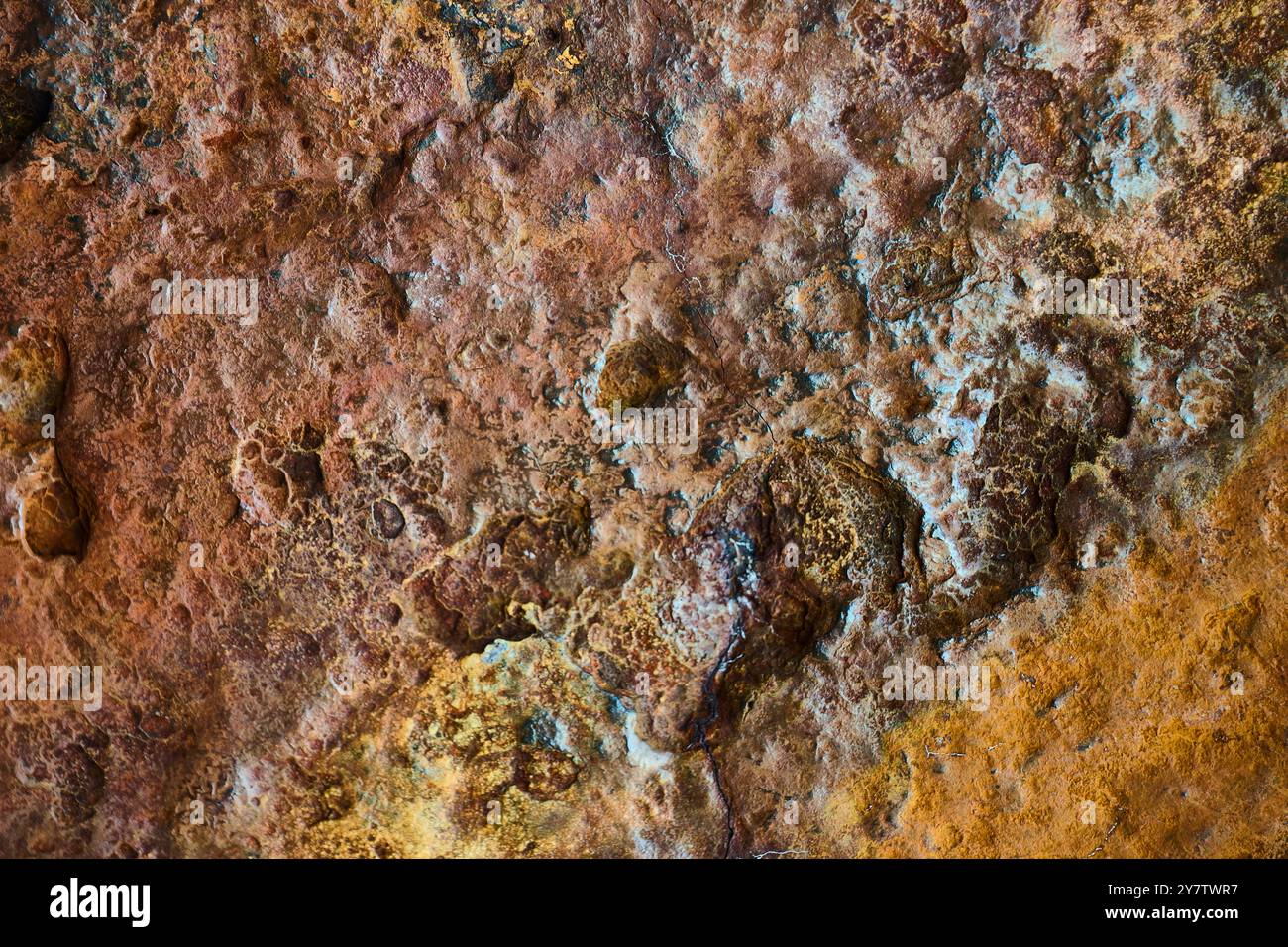 Macro photographie d'une surface avec de la rouille créant des formes et du relief Banque D'Images
