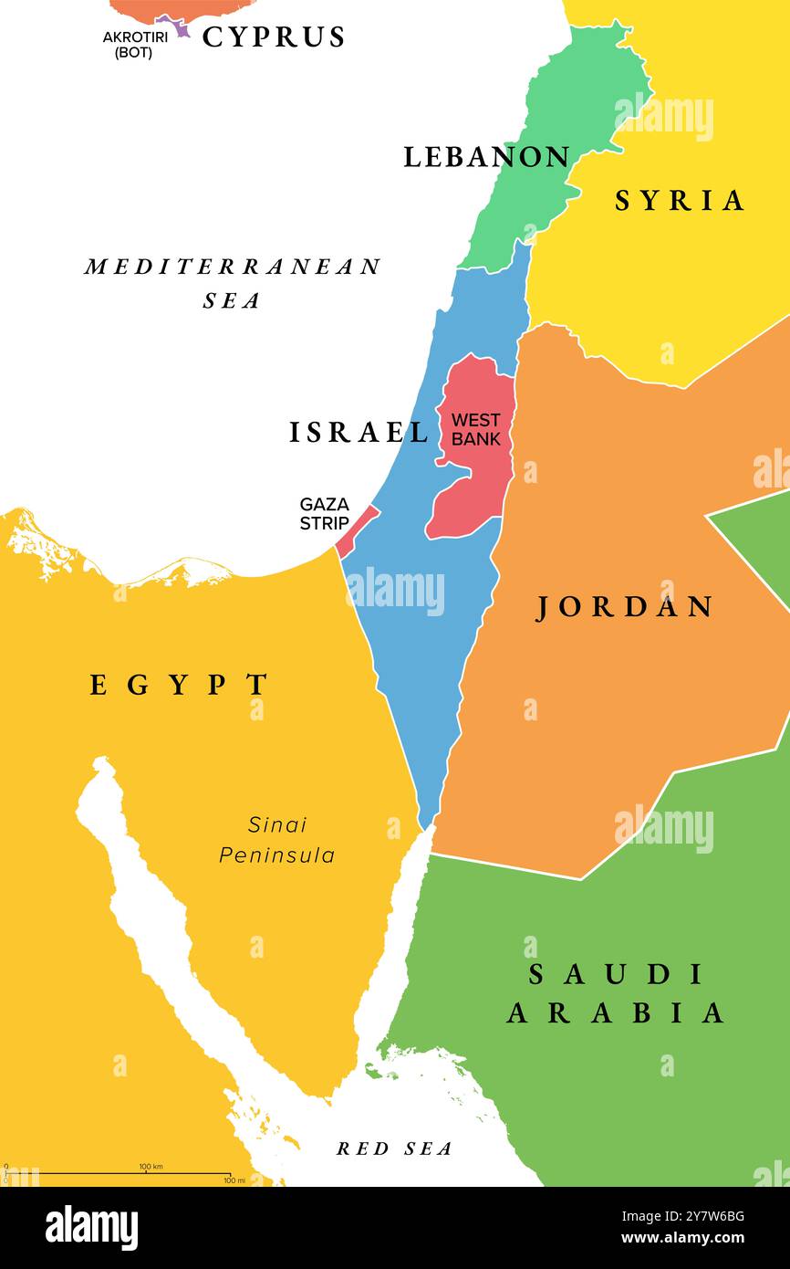 Israël, et la péninsule du Sinaï, carte politique colorée. Sud Levant, région géographique et historique aride. Banque D'Images