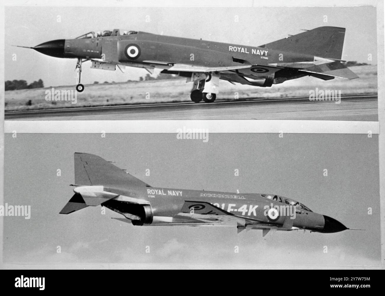 Le premier Phantom F-4K qui a été remis au gouvernement britannique par McDonnell Aircraft Corporation ici le 28 juin 1966, est montré, en haut, au décollage, et en bas en vol. Le F-4K a fait son vol public furst après les cérémonies auxquelles assistait Sir Patrick Dean, ambassadeur britannique aux États-Unis. 1er juillet 1966 Banque D'Images