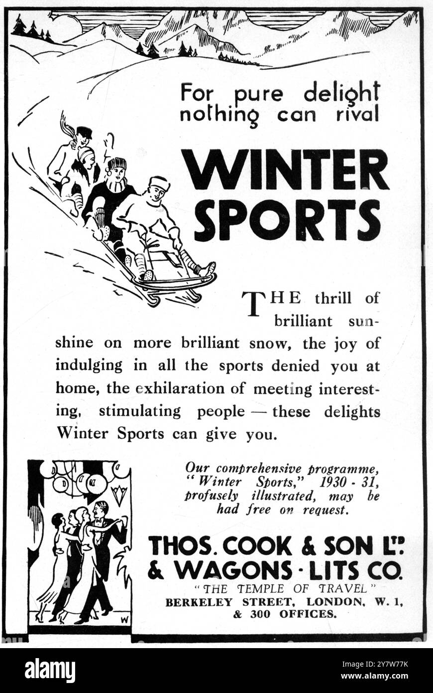Publicités pour les vacances de ski Thomas Cook Winter Sports, publiées dans l'Illustrated London News.8 novembre 1930 Banque D'Images