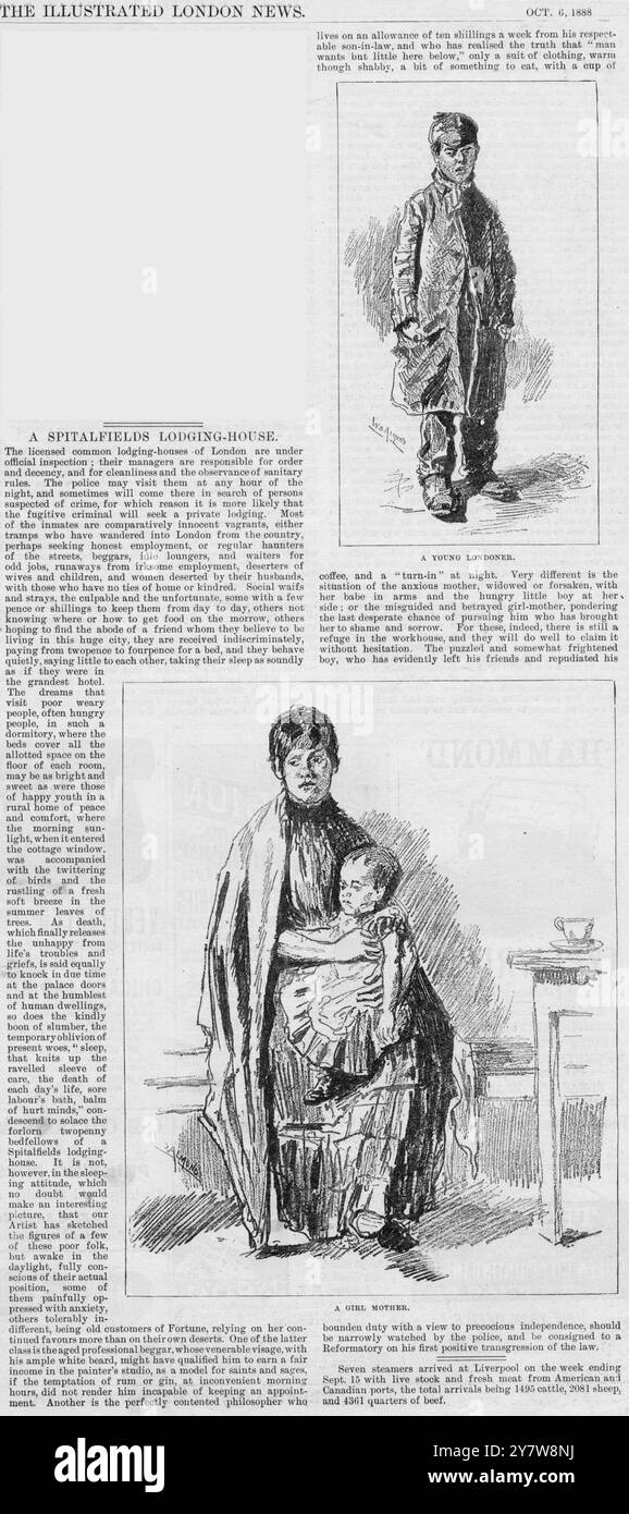 Jack l'Éventreur - East End Murders 1888Une page d'Illustrated London News datée du 6 octobre 1888 intitulée A Spitalfields Lodging-House. L'article décrit comment les maisons d'hébergement agréées font l'objet d'une inspection officielle permettant à la police de se rendre à toute heure du jour ou de la nuit pour rechercher des criminels fugitifs. Banque D'Images