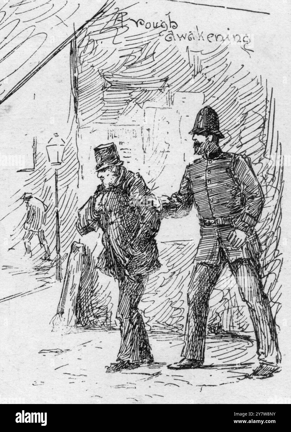 Jack the Ripper - East End Murders 1888A Rough Awakening police Sketches with the police in the East End, London détail de l'Illustrated London News daté du 13 octobre 1888 L'article souligne la pénurie de ressources policières et les illustrations de H.C. Seppings Wright montrent que la police arrête des vagabonds et des sans-abri comme suspects pour identification. Banque D'Images