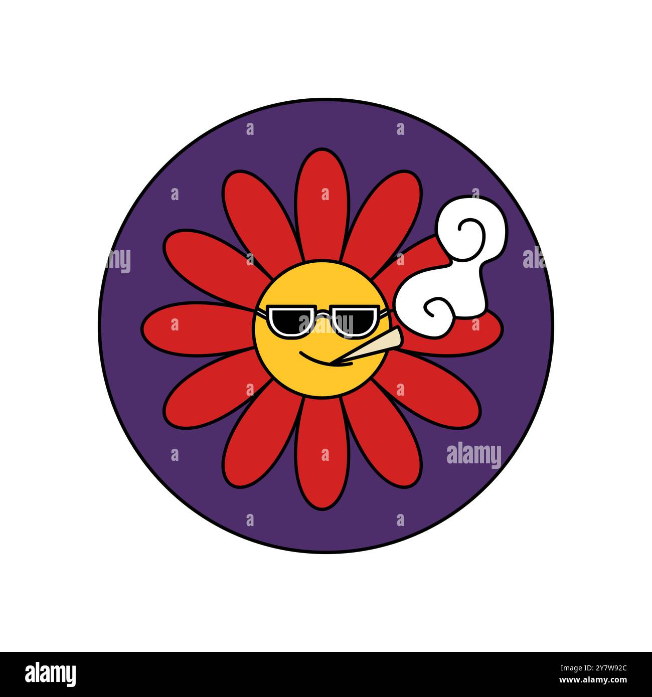 Autocollant rond groovy avec fleur d'été dans des lunettes de soleil fumant marijuana illustration vectorielle Illustration de Vecteur
