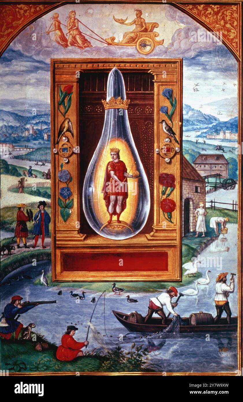 Alchimie - Splendour Solis par Salomon Trismosin 1582 ou 89 - Roi dans un flacon bleu, chasse, tir, pêche scène de Tractatus Alchymicae Germanick Splendor Solis 1582 ou 89 ©TopFoto Banque D'Images
