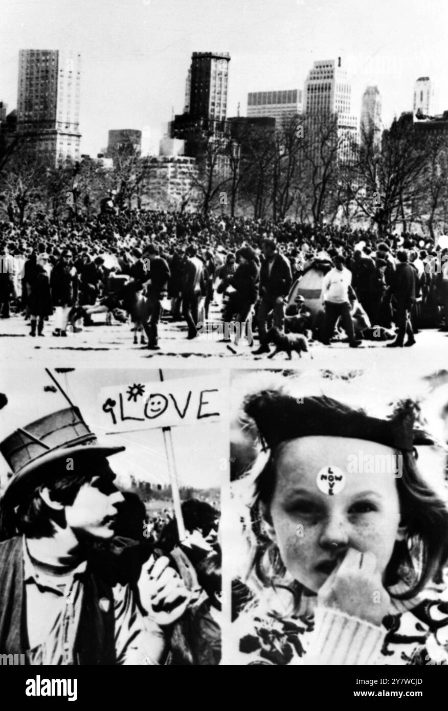 Ces trois images capturent une partie d'un ' happening ' non organisé ' à New York 27 mars 1967 . Le ' Happening ' a été appelé ' être-in ' a attiré plusieurs milliers de personnes à une ' ...expression d'amour pour toute l'humanité ' au célèbre Central Park à New York, le .27 mars 1967 Banque D'Images