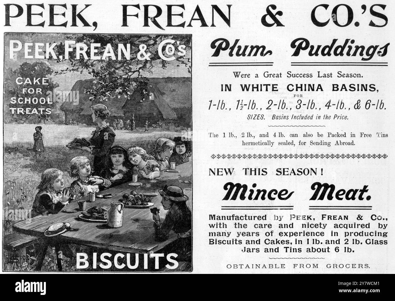 Publicité pour Peek , Frean and Co's biscuits , Plum puddings et viande hachée 24 décembre 1898 Banque D'Images