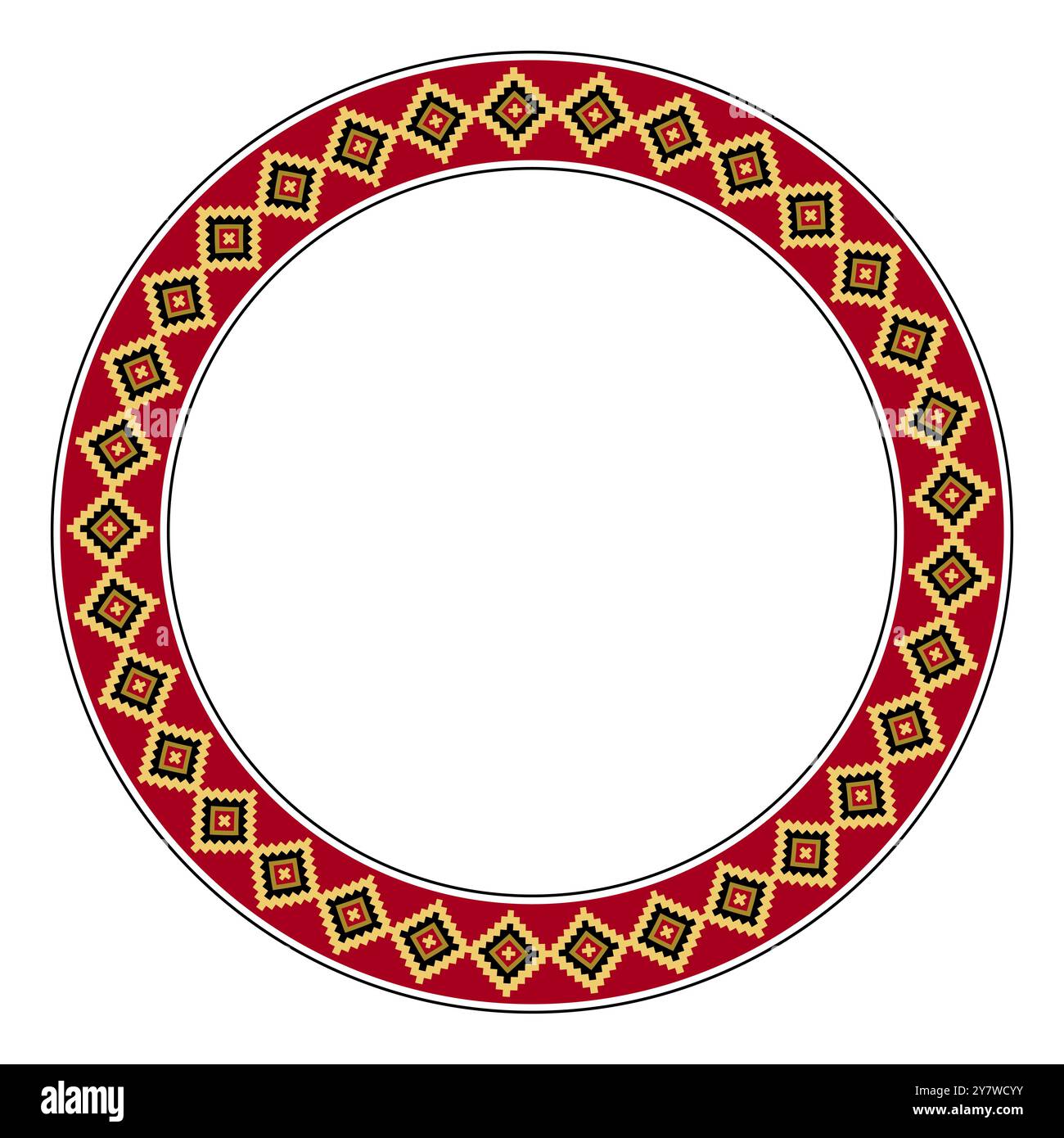 Cadre circulaire avec un motif de bande de diamant d'un motif textile Inca. Bordure circulaire décorative colorée basée sur un design d'une tunique pour hommes. Banque D'Images