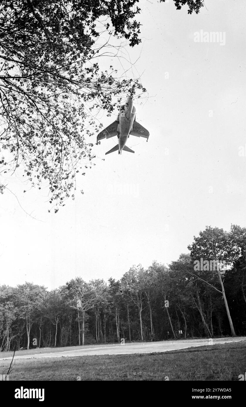 Thurleigh, Bradford : le chasseur d'attaque de bas niveau Hawker Siddeley P1127 Kestrel, actuellement en cours de développement pour la British Royal Air Force est photographié lorsqu'il a atterri sur un 50 pieds. Patch carré d'aluminium à l'intérieur d'une aire d'atterrissage mesurant 300 - pieds par 150 pieds, entouré d'arbres de 50 pieds lors d'une démonstration près de l'établissement Royal Aircraft à Thurleigh, récemment. Le Jump Jet est piloté par le lieutenant de vol John Farley le 27 septembre 1966 Banque D'Images