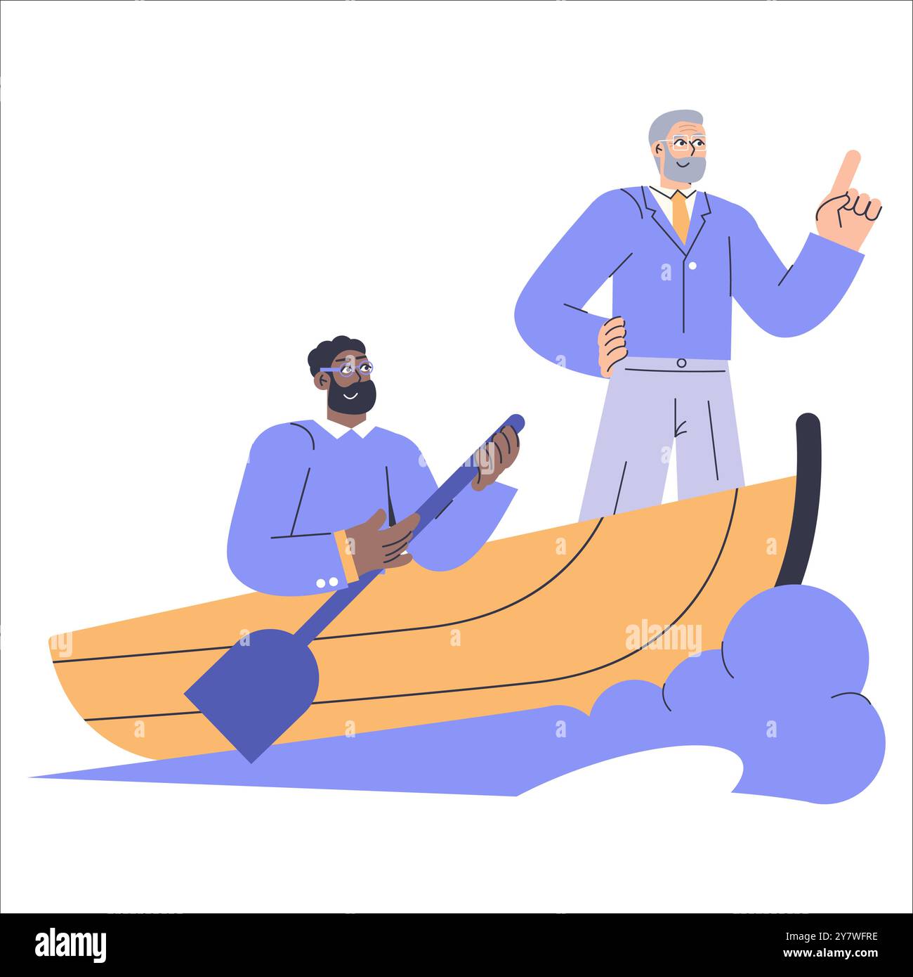 Concept de travail d'équipe. Hommes d'affaires divers naviguant ensemble dans un bateau, symbolisant le partenariat et la collaboration. Illustration vectorielle. Illustration de Vecteur