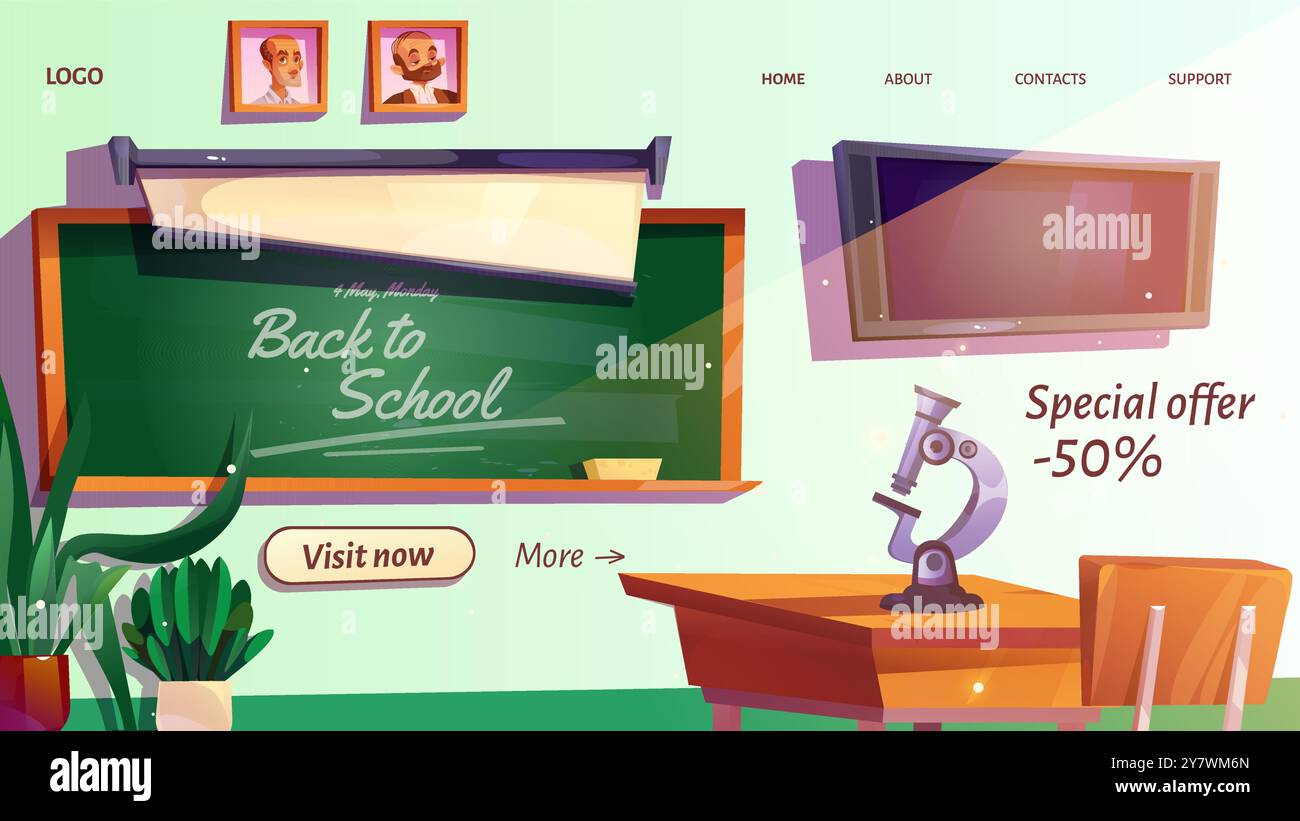 Intérieur de classe d'école avec microscope sur table avec chaise, signe de retour à l'école sur tableau vert, portraits de télévision et de scientifiques sur le mur, plantes vertes en pot. Modèle de page de site Web de vecteur de dessin animé. Illustration de Vecteur