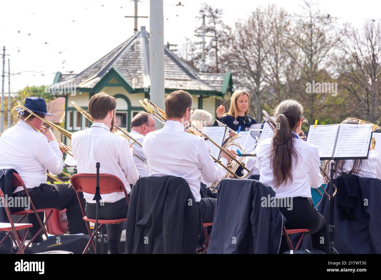 Sumner Silver Band jouant au Ferrymead Heritage Park, Ferrymead, Christchurch (Ōtautahi), Canterbury, Nouvelle-Zélande Banque D'Images