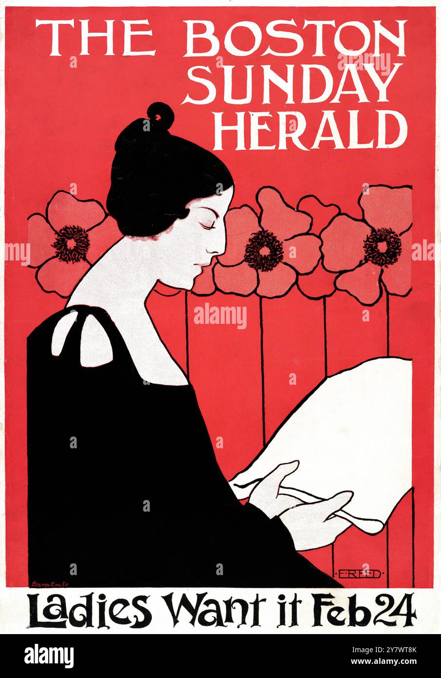 The Boston Sunday Herald - Ladies Want It Feb. 24, 1895 - portrait d'une femme, demi-longueur, profil droit, assis, lisant un journal, avec des fleurs en arrière-plan. Peut-être un autoportrait de l'artiste Ethel Reed Banque D'Images