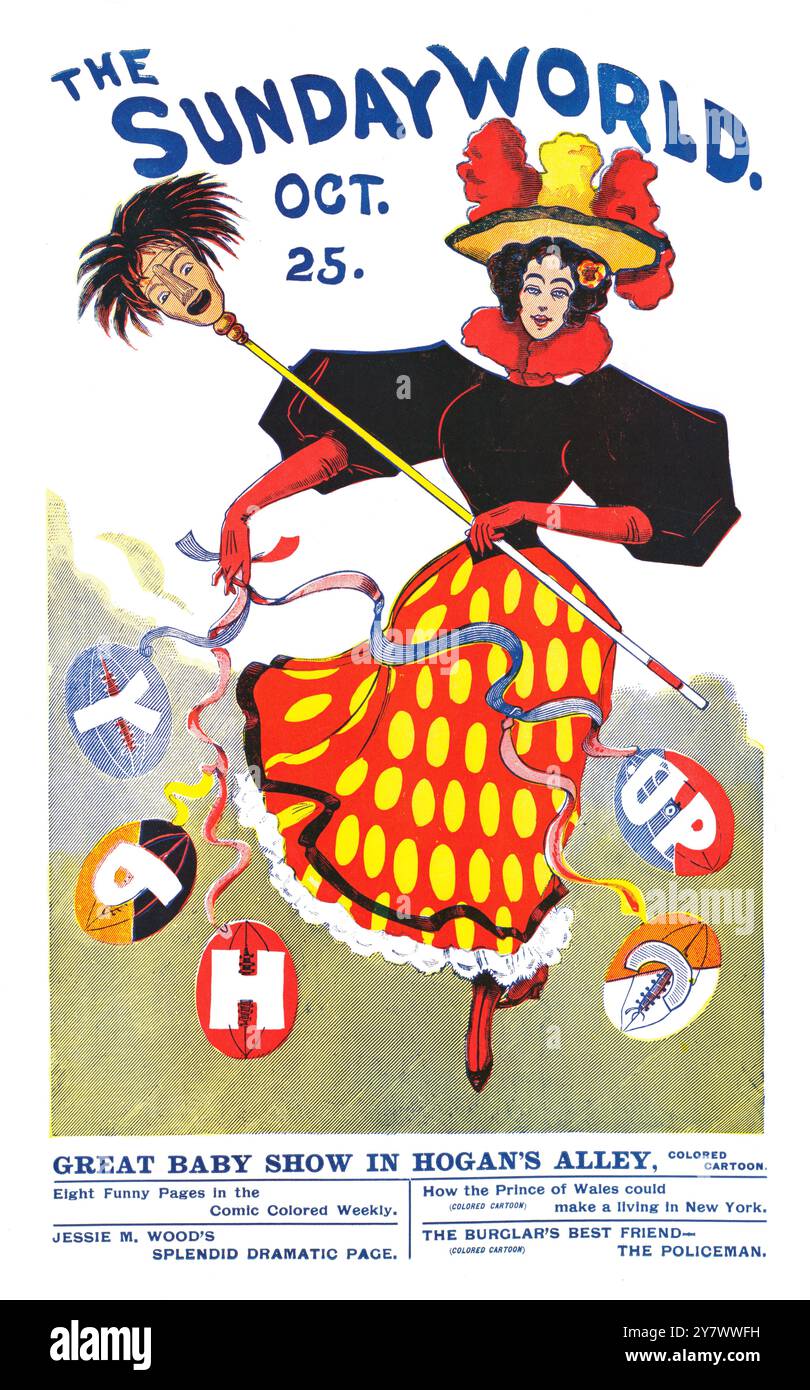 Le Sunday World Oct. 25e. 1896. Illustration d'une femme, vêtue d'une robe et d'un chapeau colorés, dansant parmi des ballons de football tout en tenant un long bâton avec une tête en bois attachée. Banque D'Images