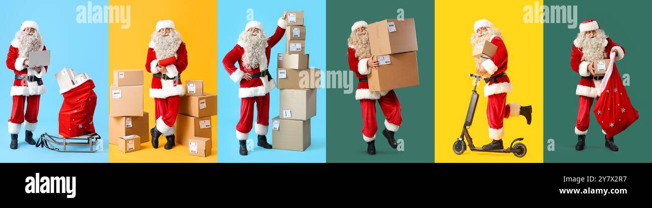 Ensemble de Père Noël avec des colis sur fond de couleur Banque D'Images