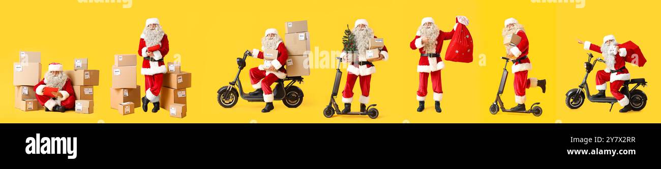 Ensemble de Père Noël avec des colis sur fond jaune Banque D'Images