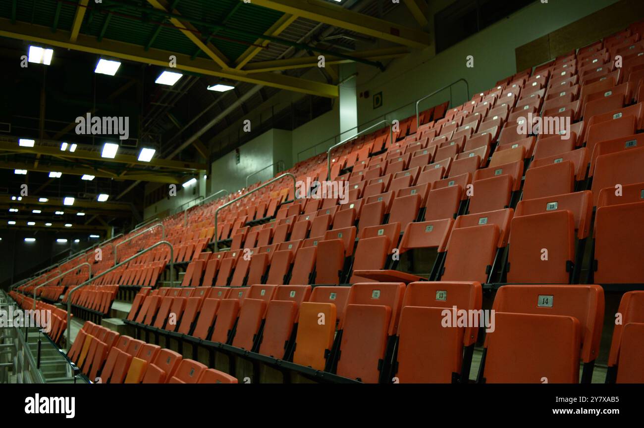 Sièges orange dans une arène sportive, agencés pour offrir des places assises aux spectateurs pour divers événements sportifs et compétitions. Banque D'Images