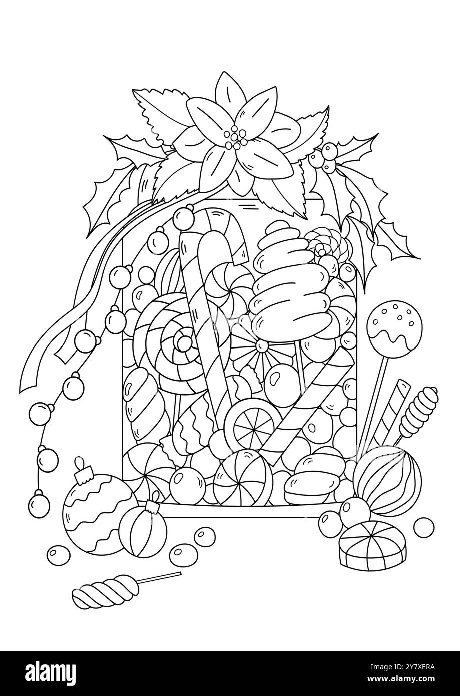 Page de coloriage pour adultes et enfants - Christmas Candy Jar stress relief livre de coloriage Illustration de Vecteur