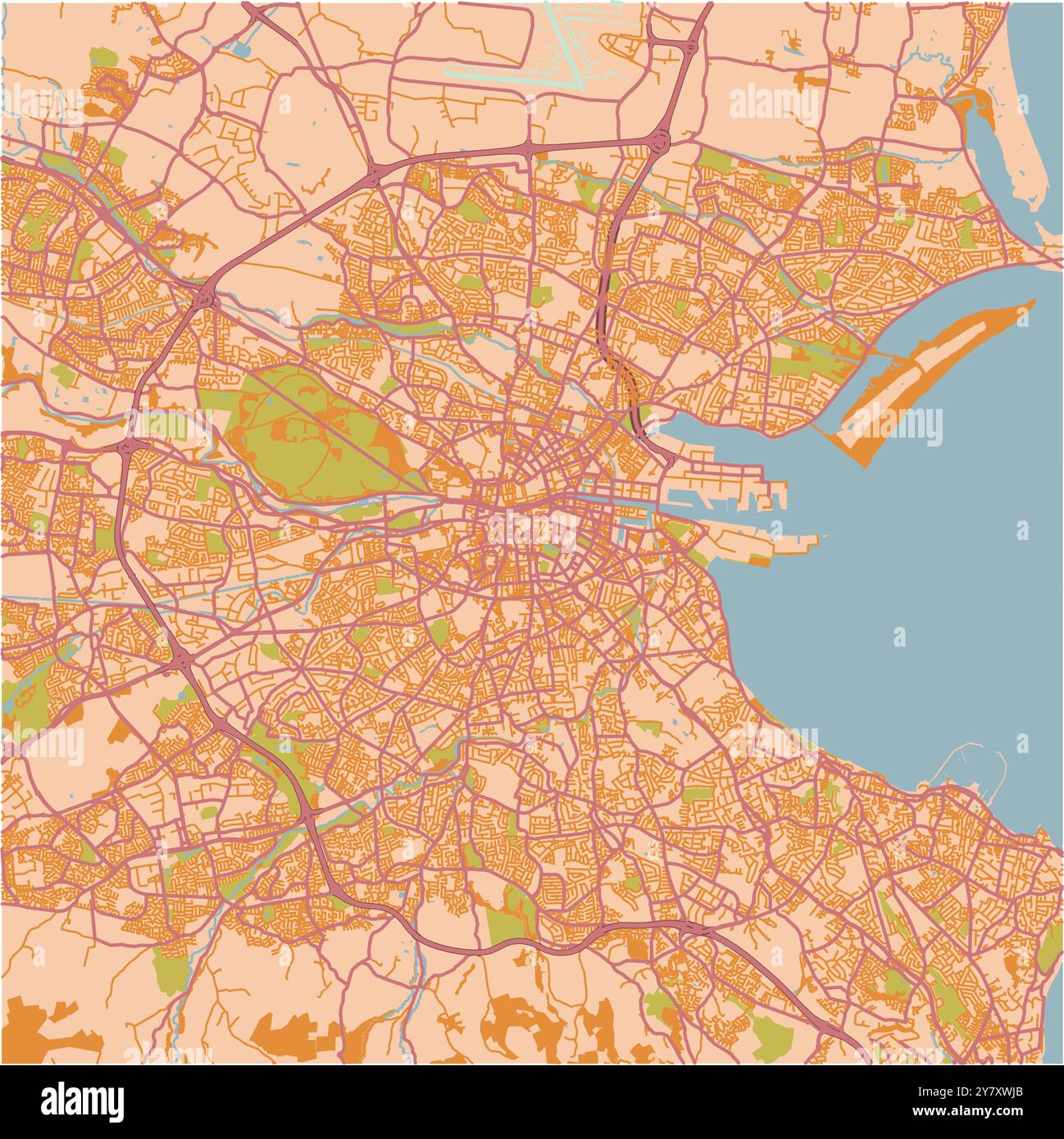 Carte de Dublin en Irlande dans un thème sablonneux. Contient un vecteur en couches avec routes eau, parcs, etc Illustration de Vecteur