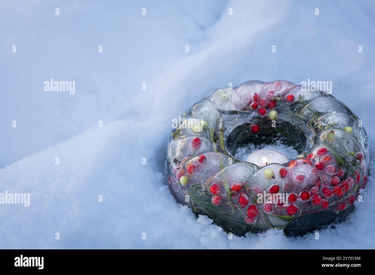 Décoration de Noël avec anneau de glace dans des moules à gâteau, rempli de houx, gui, cônes et aiguilles dans la neige Banque D'Images