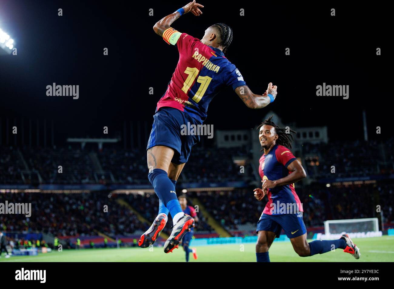 Barcelone, Espagne. 1er octobre 2024. Raphinha célèbre après avoir marqué un but lors du match de l'UEFA Champions League entre le FC Barcelone et le BSC Young Boys aux Estadi Olimpic Lluis Companys. Crédit : Christian Bertrand/Alamy Live News Banque D'Images