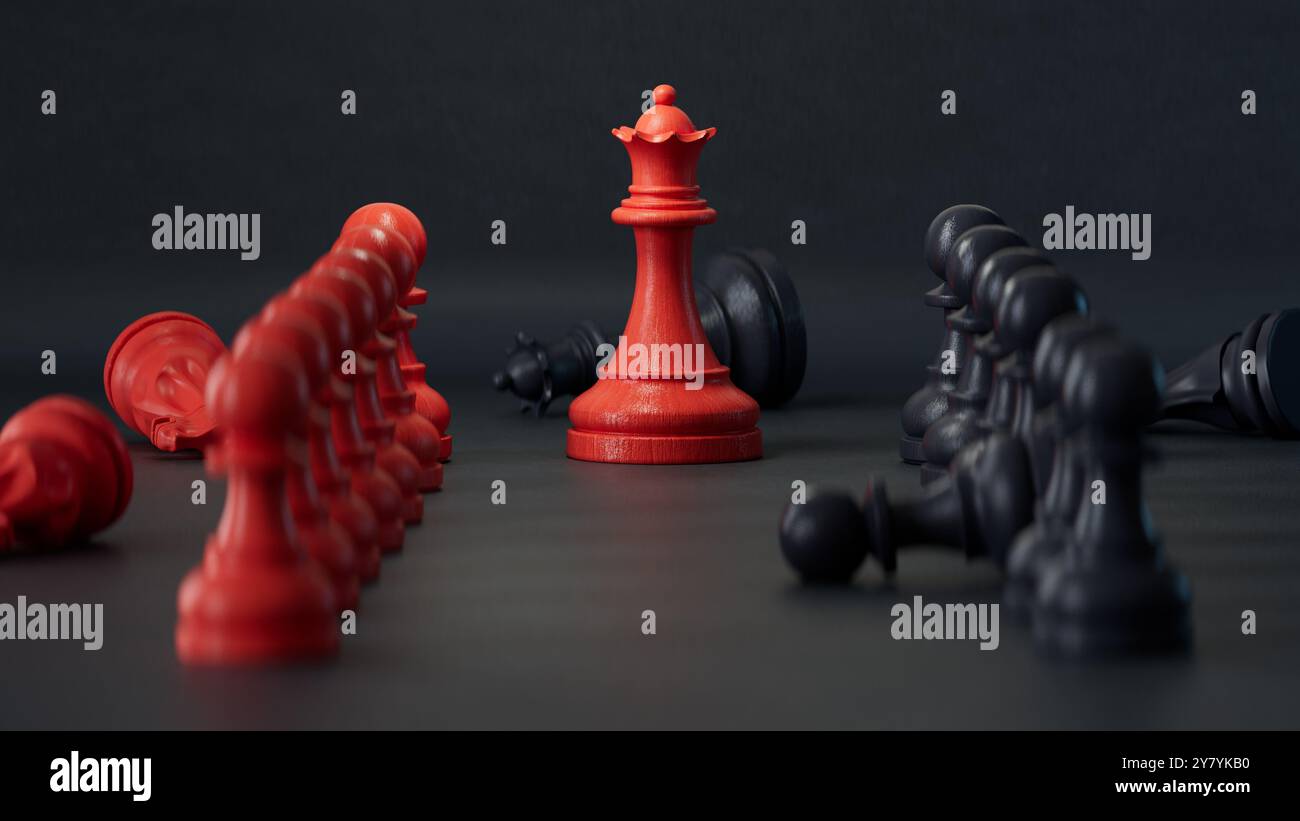 Les échecs ROUGES ont la victoire sur les concurrents. Concept de compétition et de rendu Competition.3D sur fond noir. Banque D'Images