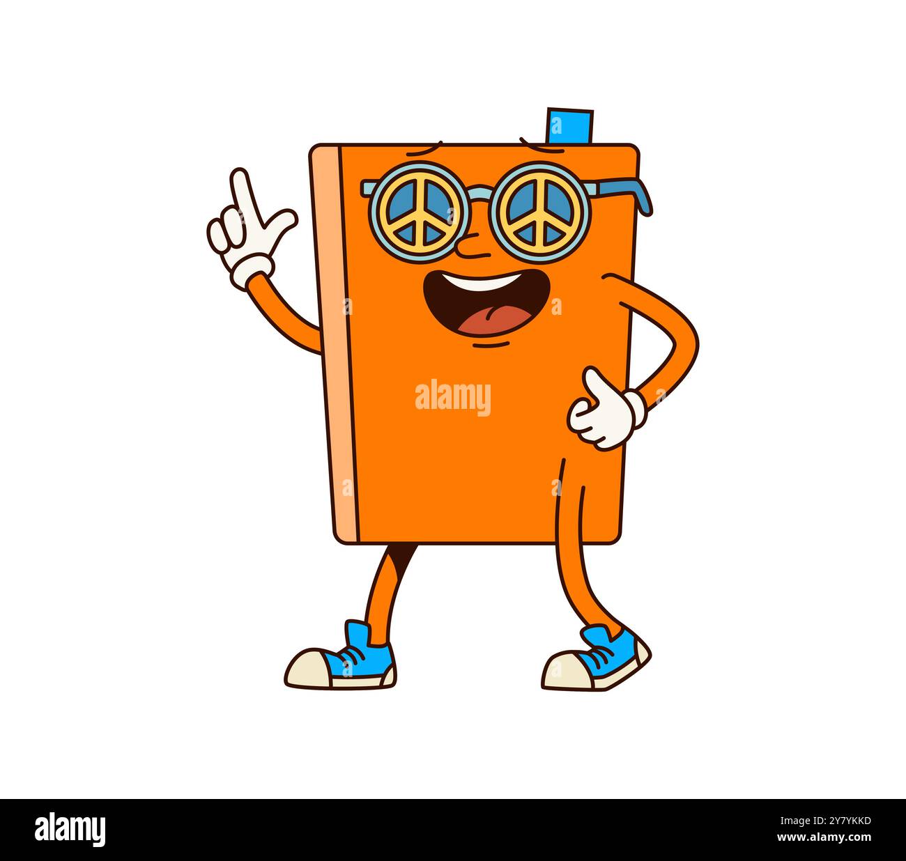 Livre groovy personnage promouvant l'amour de l'apprentissage et de la paix. Personnage de manuel funky de l'école de dessin animé avec couverture orange éclatante, porte des lunettes de paix et des baskets, exsudant une ambiance amusante et éducative Illustration de Vecteur