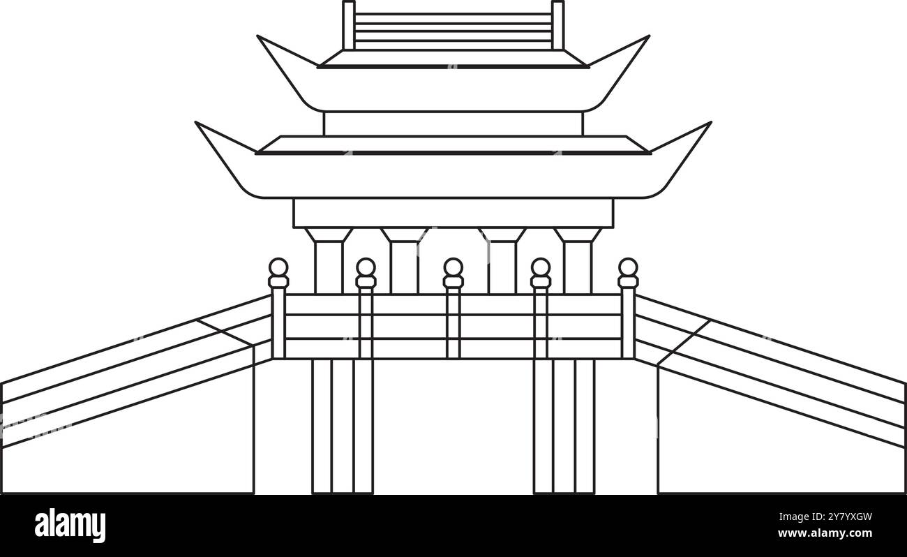 Pont de Chine ancienne architecture chinoise historique style oriental contour de ligne de construction design art ensemble d'icônes Illustration de Vecteur
