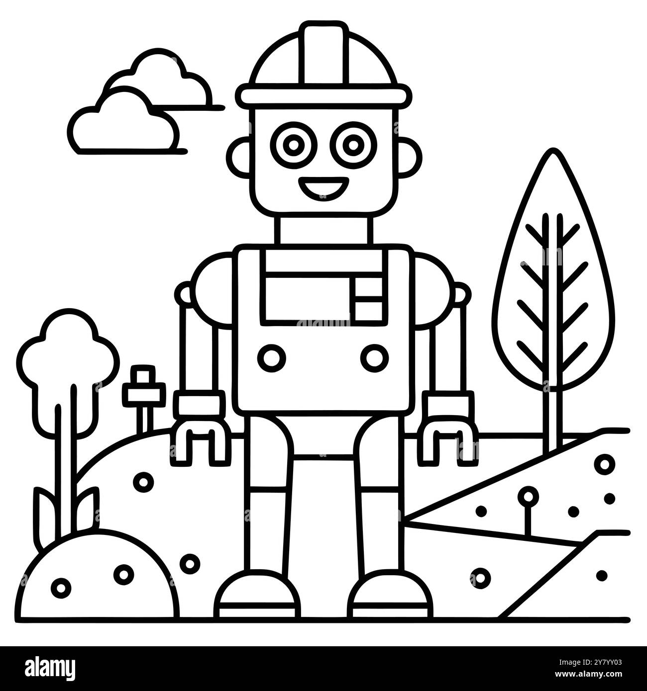 Robot mignon portant un casque de construction se tient dans une scène extérieure simple avec des arbres et des nuages. Parfait pour les livres pour enfants. sites web. et des applications. Illustration de Vecteur