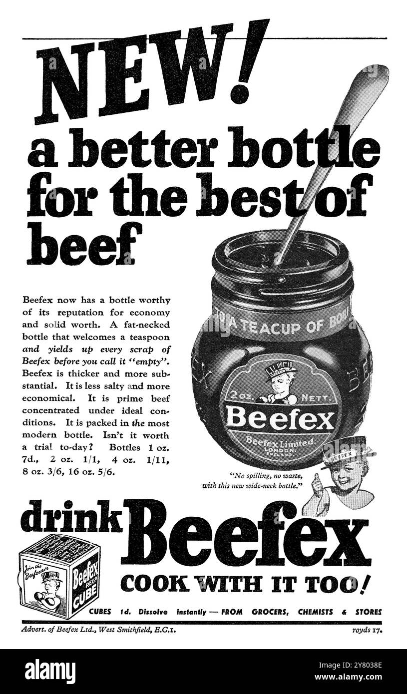 1932 publicité alimentaire britannique pour le concentré de bœuf Beefex et les cubes de bouillon. Banque D'Images