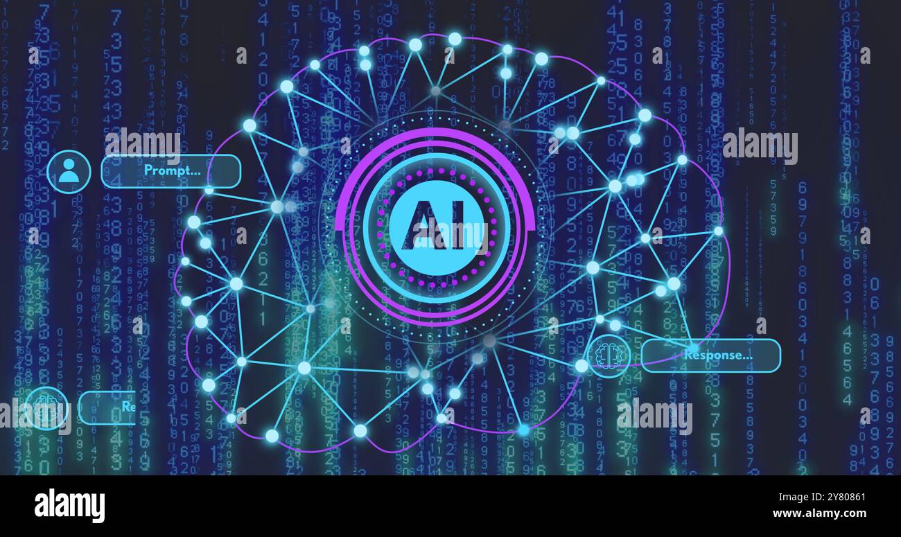 Image d'un dialogue et d'un scanner de chat ai avec un réseau cérébral ai sur le traitement des données Banque D'Images