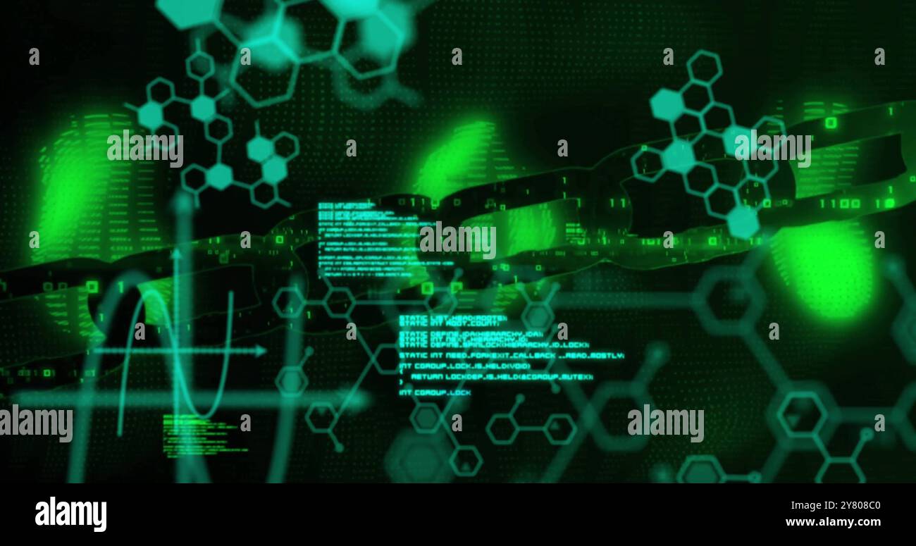 Image de formule chimique et de traitement des données sur chaîne sur fond noir Banque D'Images