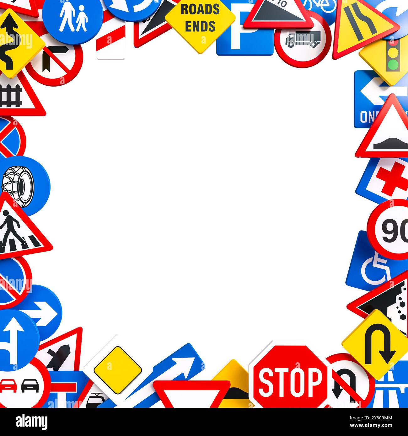 Divers panneaux de signalisation routière formant un cadre vide fond blanc isolé 3d. Banque D'Images