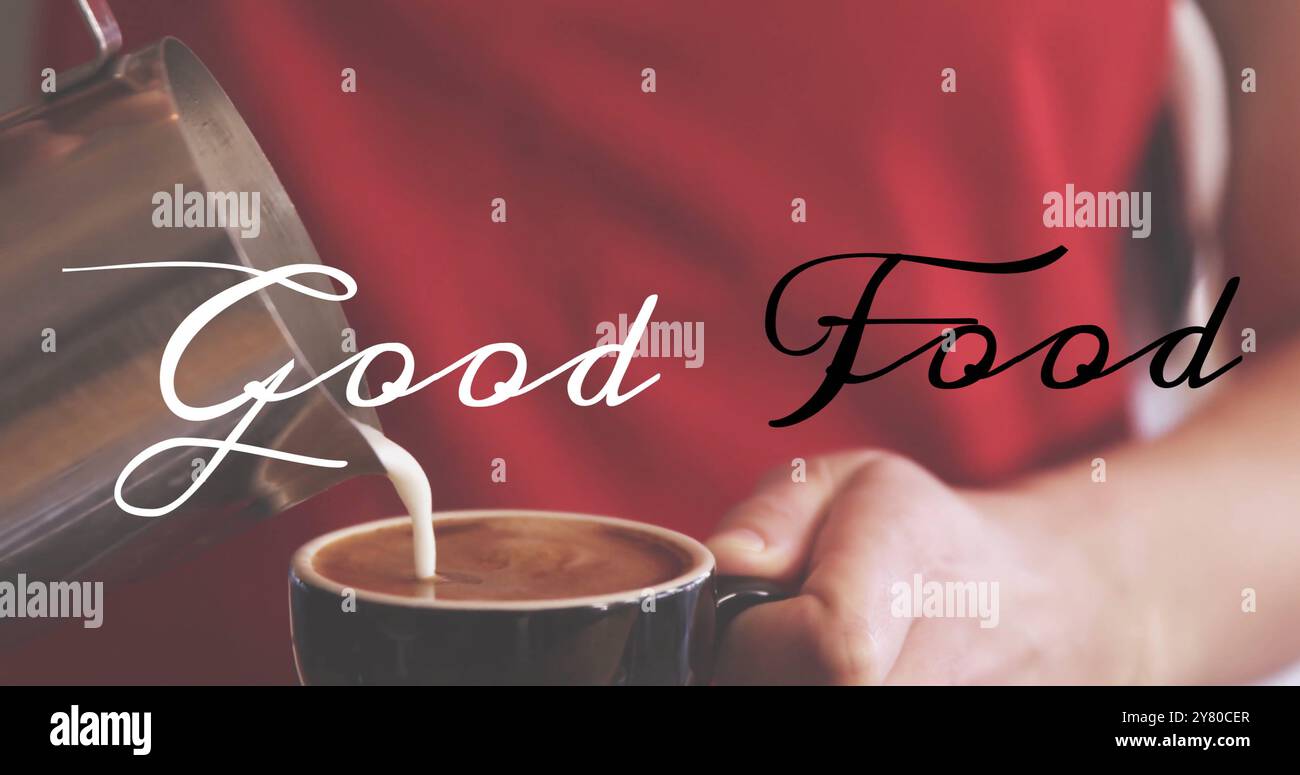 Verser le lait dans la tasse à café, image de texte Good Food sur fond rouge Banque D'Images