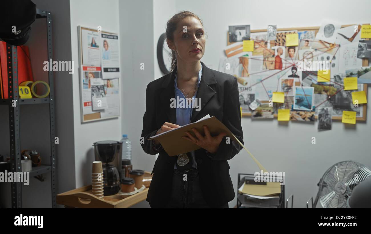 Une détective caucasienne avec un badge analyse les indices dans la salle d'enquête d'un commissariat de police. Banque D'Images