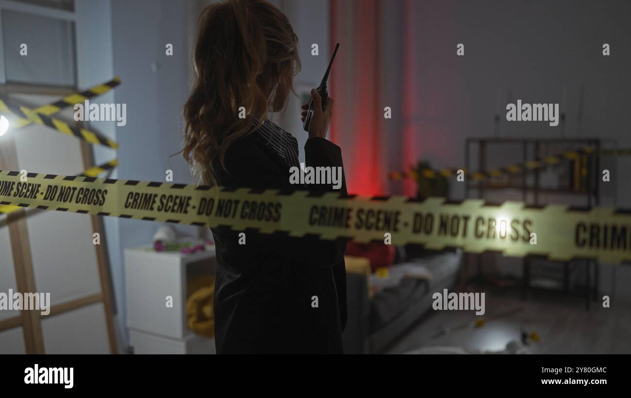 Une femme blonde enquête sur une scène de crime domestique, communiquant par radio au milieu de bandes d'avertissement et de marqueurs de preuves. Banque D'Images