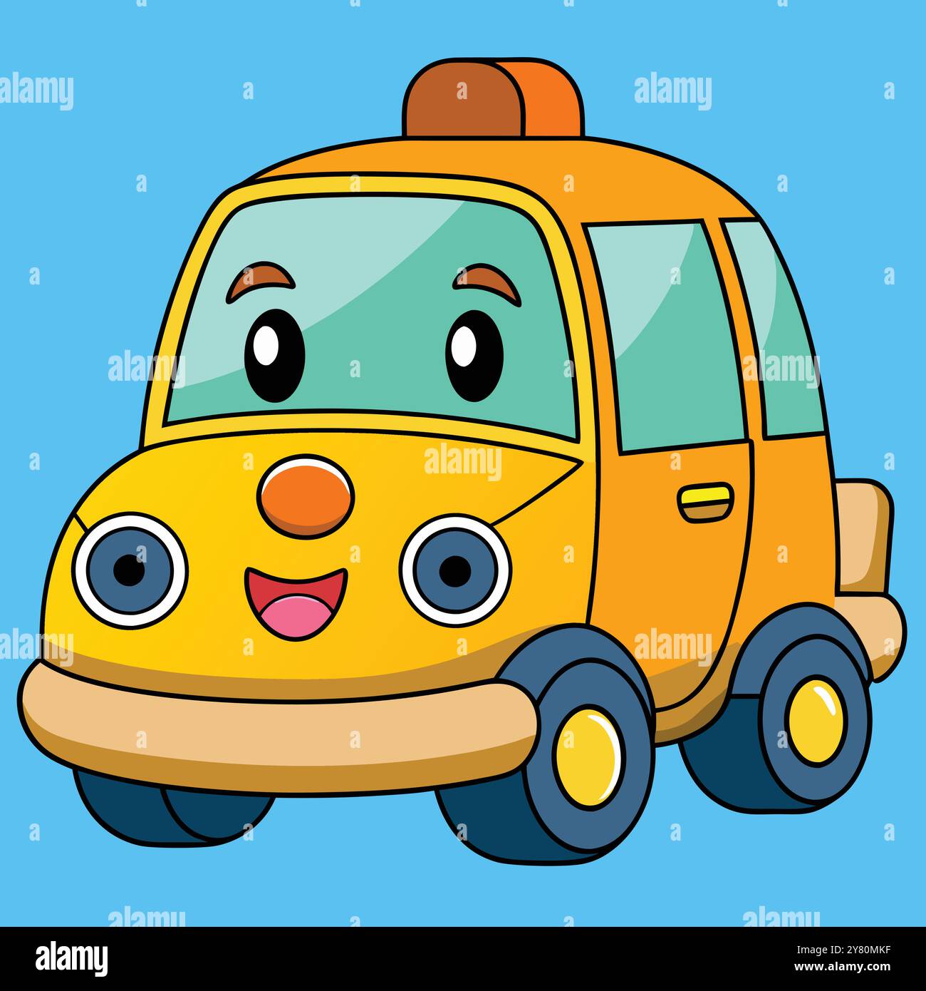 Voiture jaune de dessin animé mignon avec de grands yeux. souriant. et un nez rouge. Parfait pour les livres pour enfants. matériel pédagogique. ou des designs amusants. Illustration de Vecteur