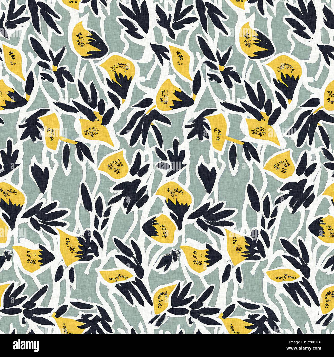 Motif imprimé fleuri sauvage moderne en tissu imprimé avec textures de tissu en lin. Fleurs sombres boho dessinées à la main stylisées pour les éléments de design décoratifs Banque D'Images