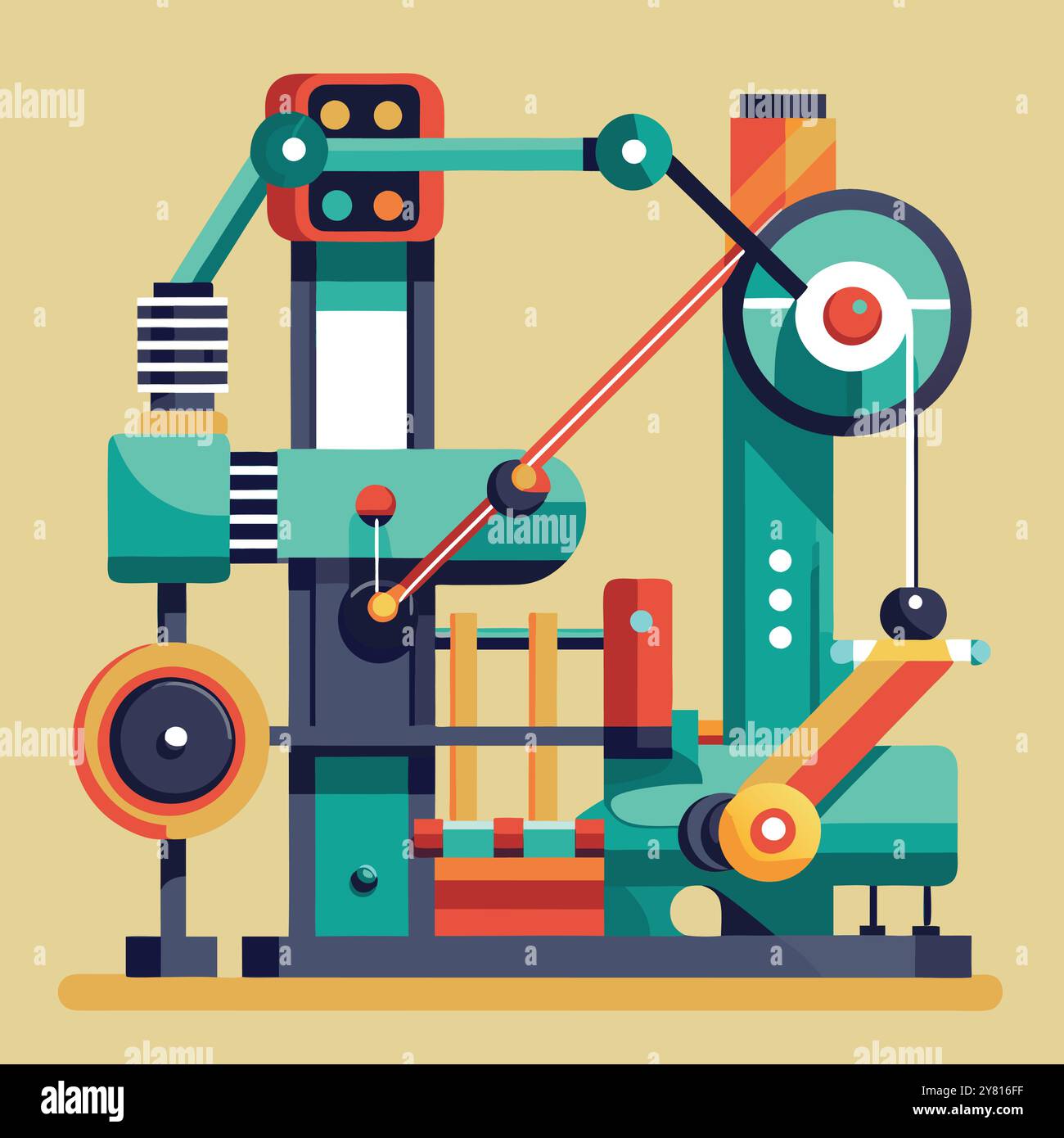 Illustration colorée et fantaisiste d'une machine avec différents engrenages. leviers. et les pièces mobiles. Parfait pour les conceptions sur l'automatisation. technologie. et moi Illustration de Vecteur