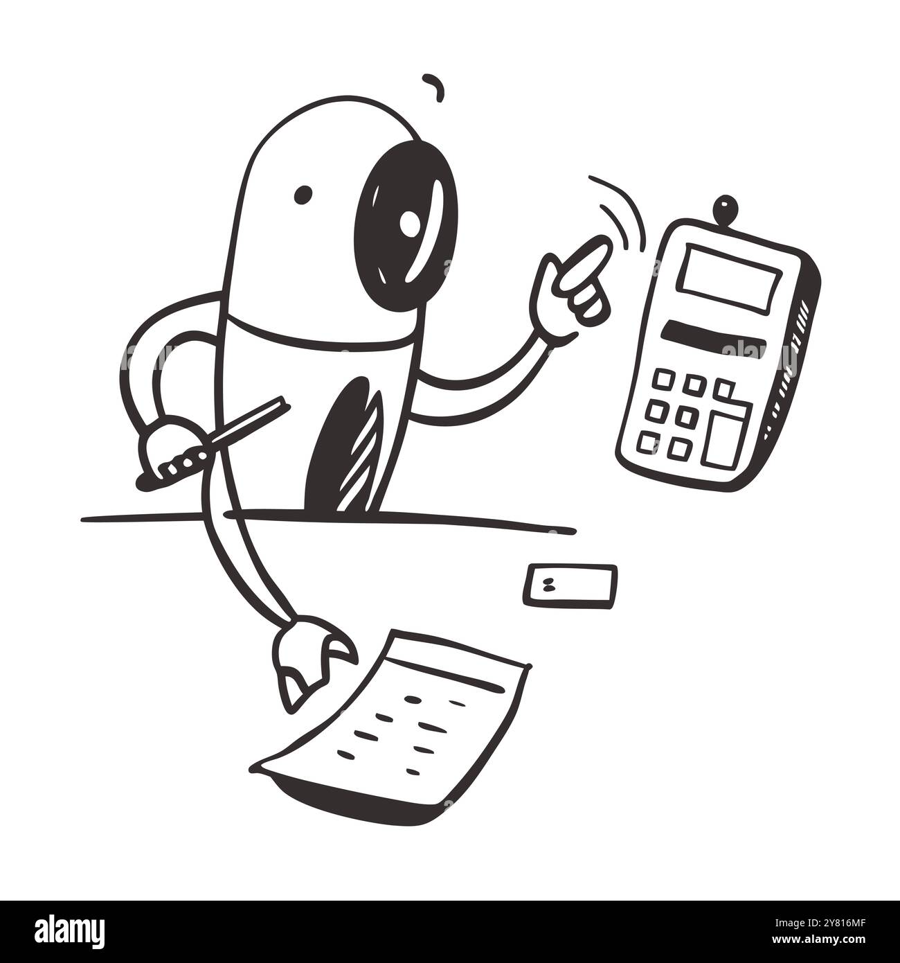 Un robot IA sympathique travaille sur une feuille de calcul tout en utilisant une calculatrice. Cette illustration fantaisiste représente l'utilisation de l'IA dans la finance et les données ana Illustration de Vecteur