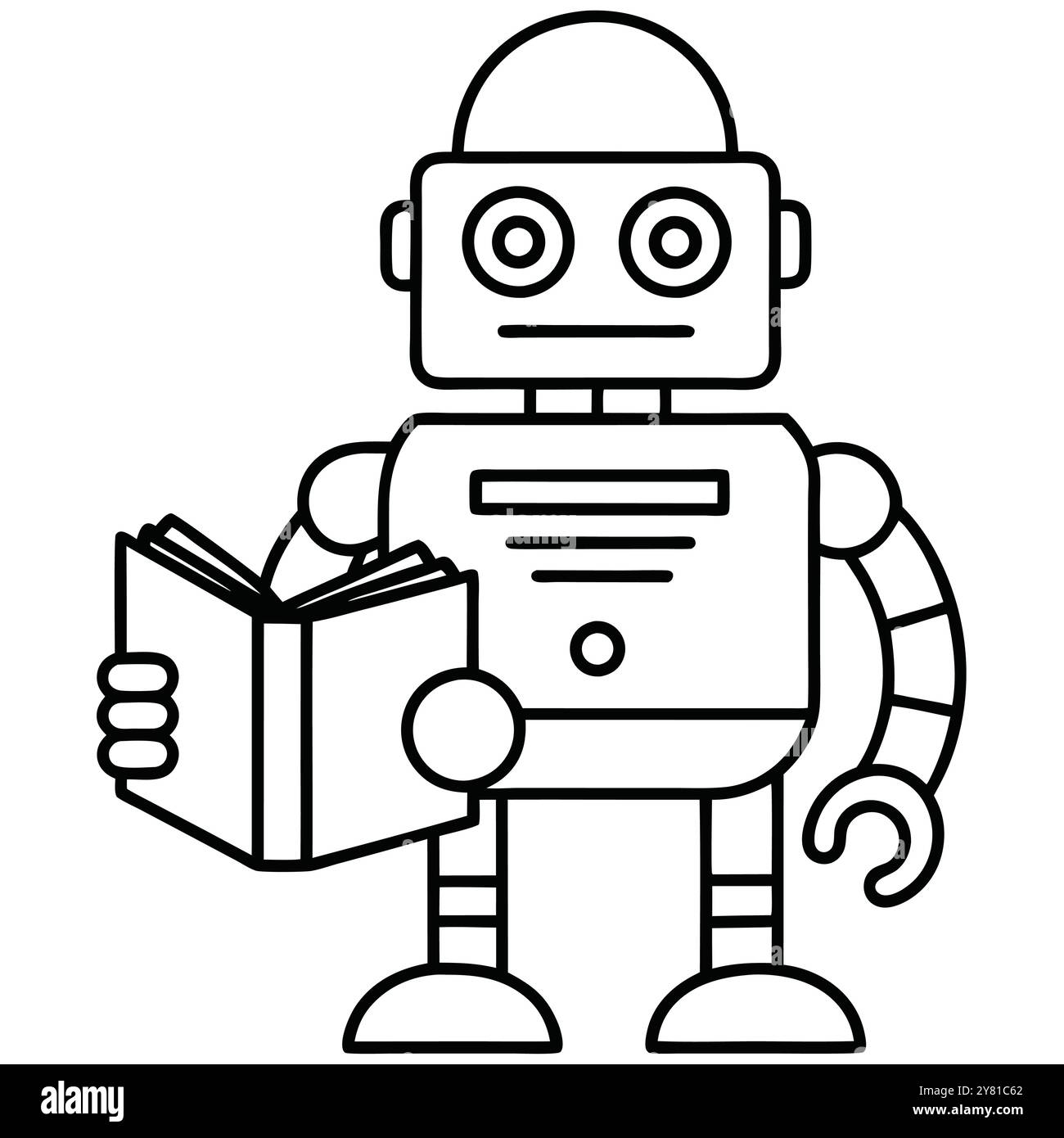 Illustration simple au trait d'un robot tenant un livre. Parfait pour l'éducation. technologique. ou des concepts futuristes. Illustration de Vecteur