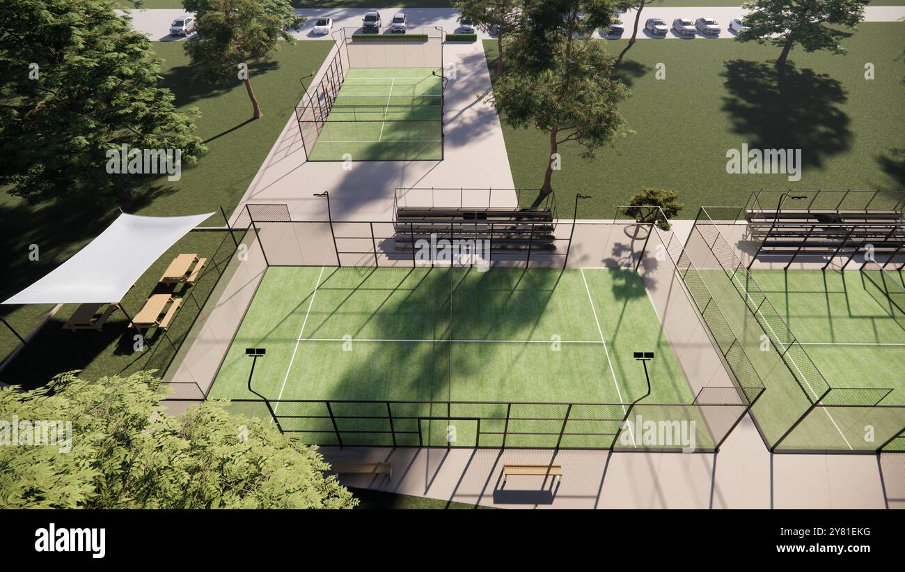 Vue aérienne sur les courts de padel verdoyants, courts de tennis Banque D'Images