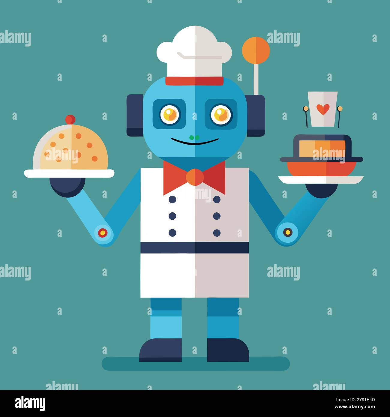 Un chef robot bleu sympathique portant un chapeau de chef blanc. noeud papillon rouge. et uniforme blanc. servir la nourriture sur deux plateaux. Illustration de Vecteur