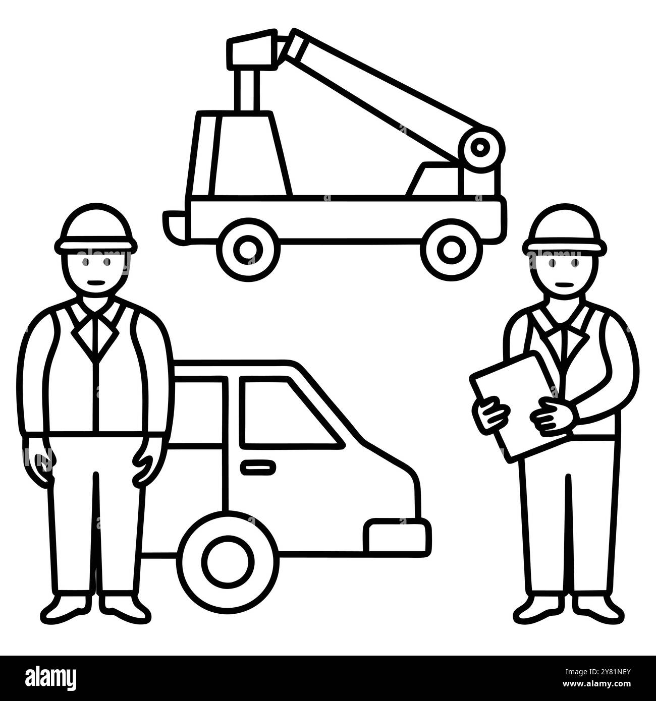 Illustration simple de dessin au trait de deux ouvriers de la construction. l'un tenant une planche à pince et l'autre à côté d'un camion utilitaire. Parfait pour la sécurité. maintenan Illustration de Vecteur