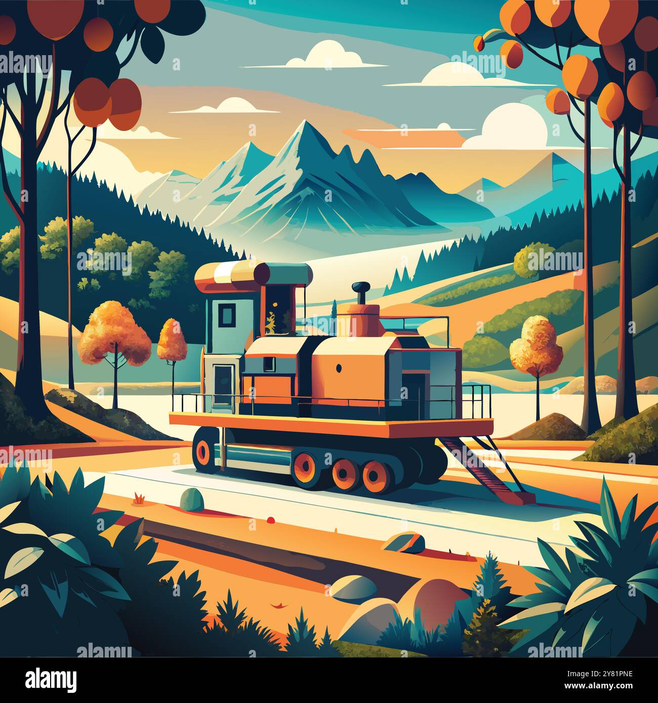 Une illustration stylisée représentant un train futuriste traversant un paysage montagneux pittoresque. Les couleurs vibrantes et les formes géométriques évoquent un sentiment de Illustration de Vecteur