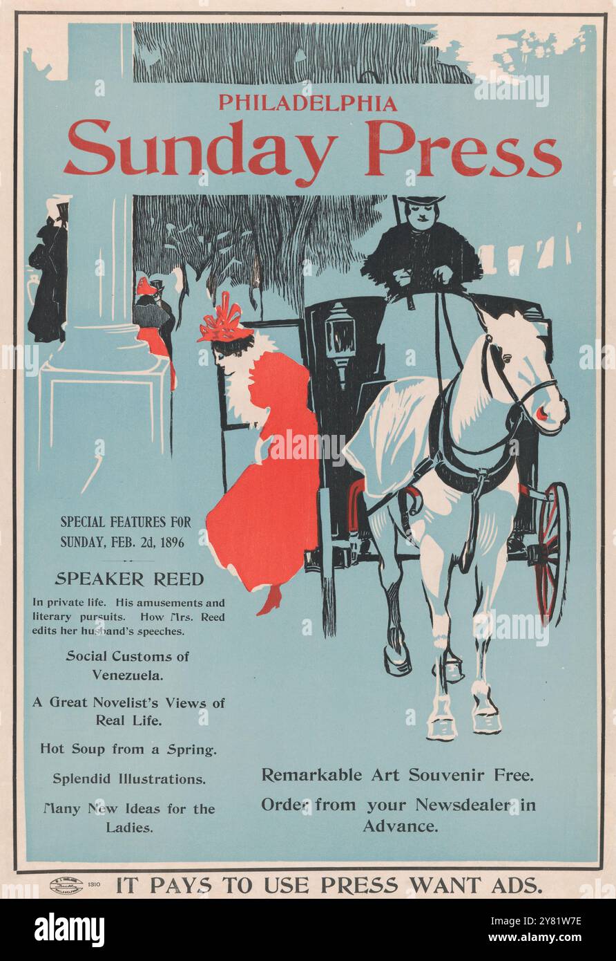 Publicité pour Philadelphia Sunday Press – 2 février 1896 - oeuvre de George Reiter Brill (1867–1918) femme avec une robe rouge quittant une stagecoach Banque D'Images