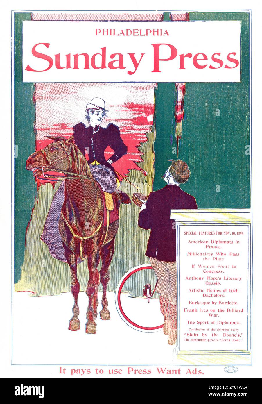 Affiche publicitaire pour Philadelphie Sunday Press - 10 novembre 1895 - oeuvre de George Reiter Brill (1867–1918) femme à cheval, homme à vélo - couleur corrigée Banque D'Images