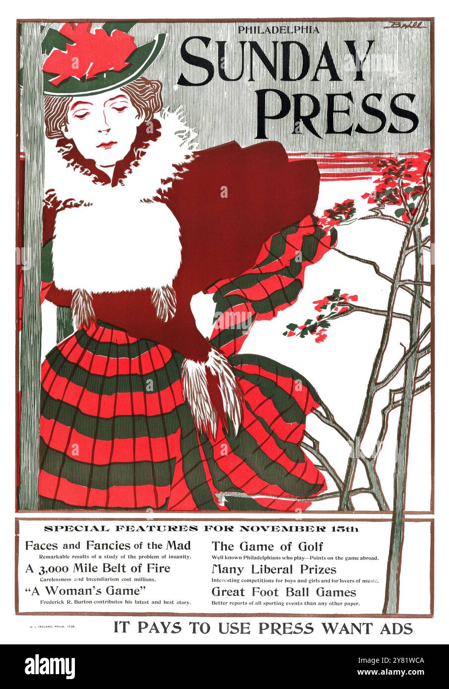 Affiche publicitaire pour Philadelphia Sunday Press - 15 novembre, c 1890s - oeuvre de George Reiter Brill (1867–1918) femme portant une robe des années 1890 - couleur corrigée Banque D'Images