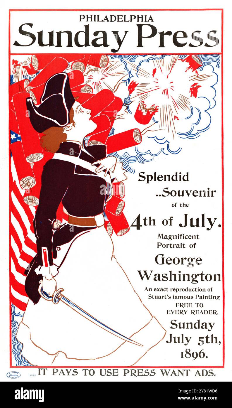 Affiche publicitaire pour Philadelphie Sunday Press – 5 juillet 1896 - oeuvre de George Reiter Brill (1867–1918) - soldat féminin entouré de dynamite explosante - couleur corrigée Banque D'Images